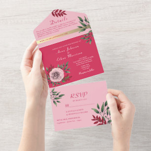 Invitación de Boda Todo en Uno Magenta Rosa + Foto