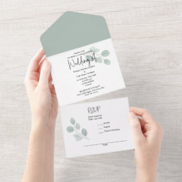 Invitación de boda todo en uno minimalista verde e