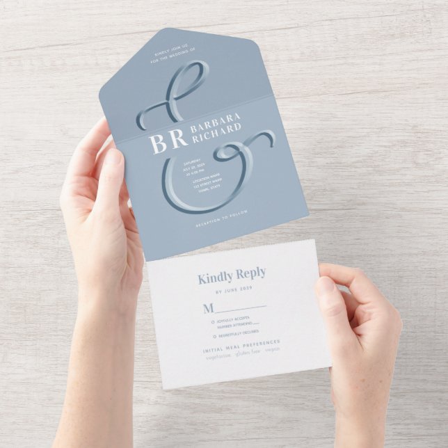Invitación de boda todo en uno Monograma Dusty Blu (desgarro)