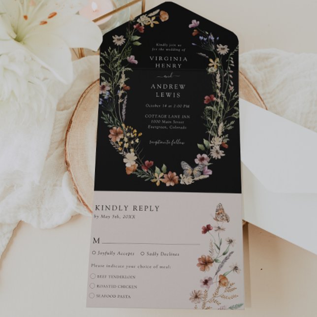 Invitación de boda todo en uno negro (Black Boho Floral All in One Wedding Invite with Butterfly by Painted Paperie
)
