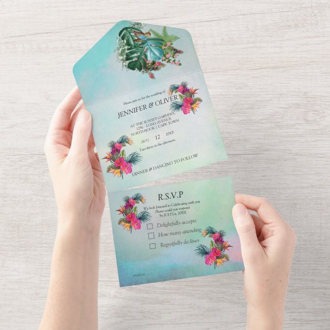 Invitación de boda Todo en Uno Paraíso de Flora Tr (desgarro)