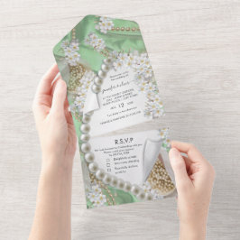 Invitación de boda todo en uno perlas marfil-verde