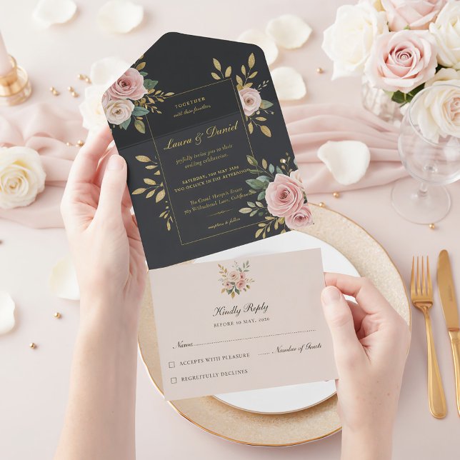 Invitación de Boda Todo en Uno Rosa Rubor y Negro (Subido por el creador)