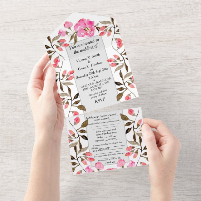 Invitación de Boda Todo en Uno - Rosa Suave Floral (desgarro)