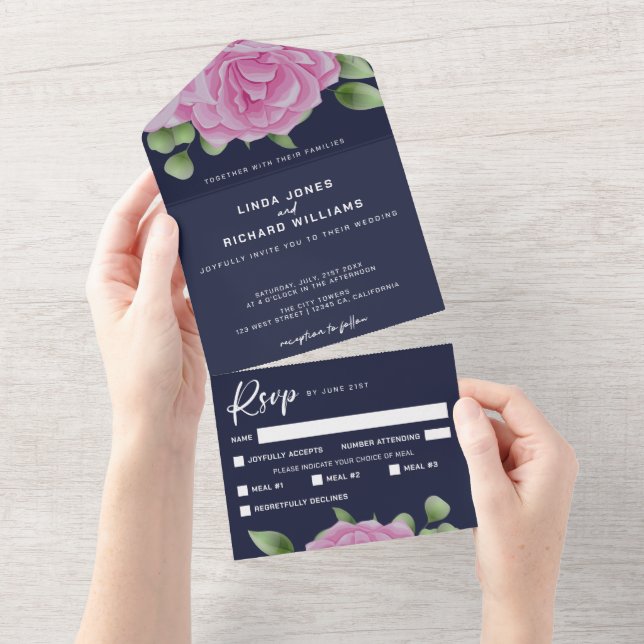 Invitación de boda todo en uno Rosas Azules (desgarro)