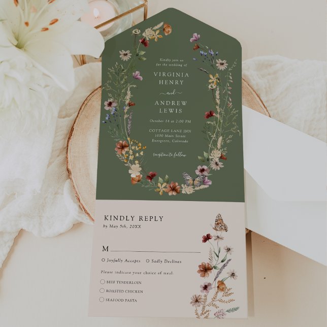 Invitación de boda todo en uno verde salvia (Boho Sage Green Watercolor All in One Wedding Invite by Painted Paperie
)