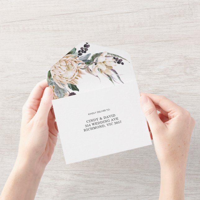 Invitación de boda todo en uno White King Protea (Apertura)