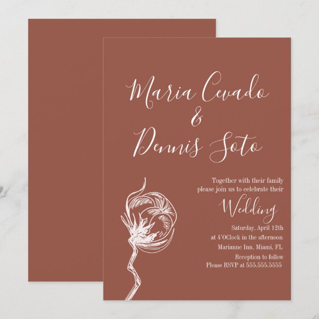 Invitación de boda tonos terrosos con flores dibuj (Anverso / Reverso)