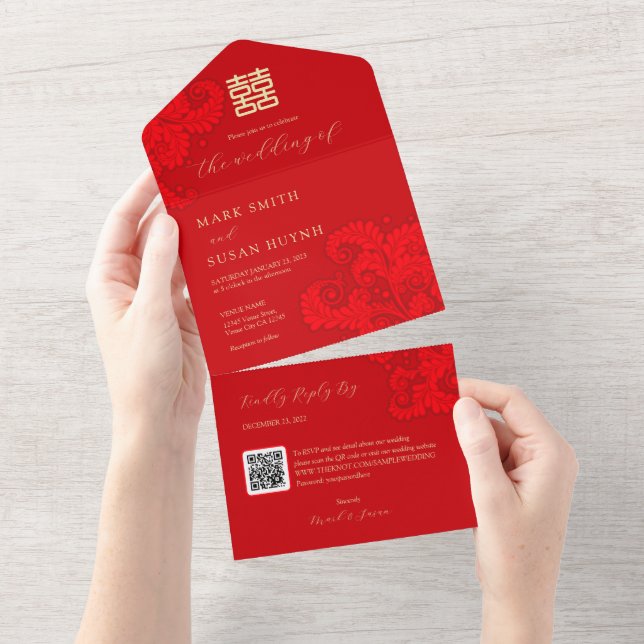 Invitación de Boda Tradicional China Todo en Uno (desgarro)