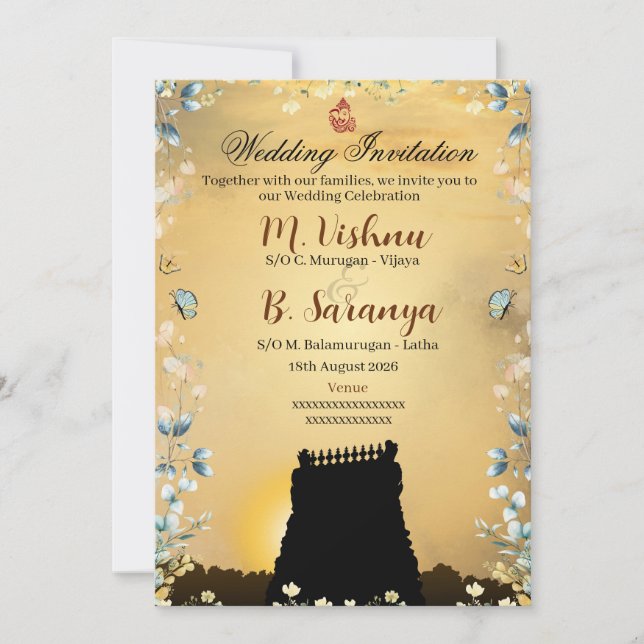 Invitación de boda tradicional tamil india (Anverso)