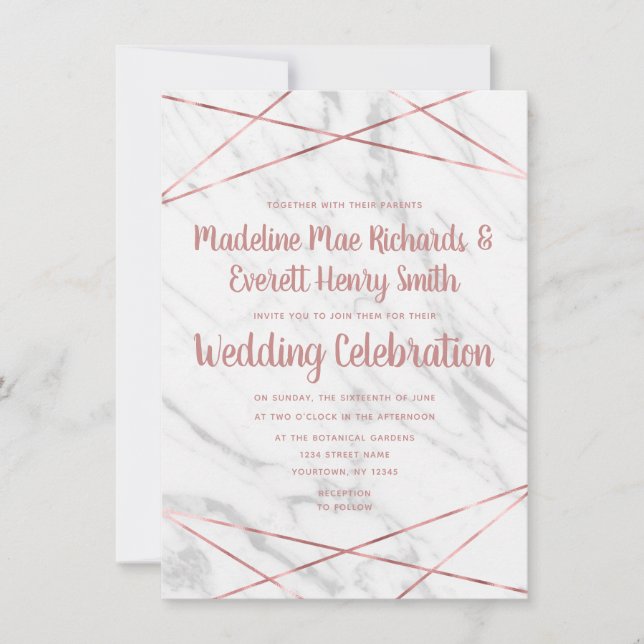 Invitación de boda triangular de rosa de mármol bl (Anverso)