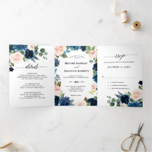 Invitación de boda trifold azul marino rosa rubor