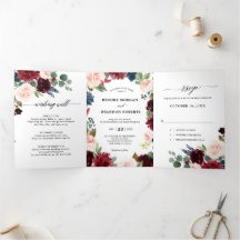 Invitación de boda trifold roja borgoña naval