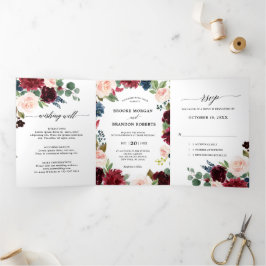 Invitación de boda trifold roja borgoña naval