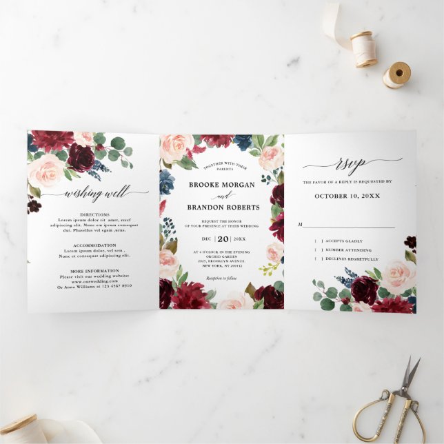 Invitación de boda trifold roja borgoña naval (Interior)