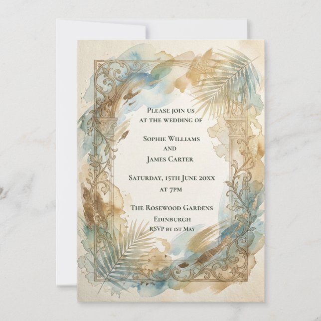 Invitación de boda tropical azul dorado (Anverso)