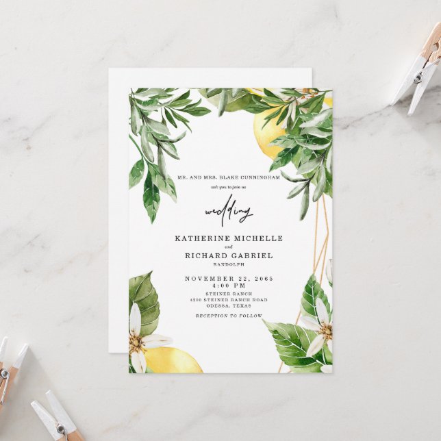Invitación de boda tropical con follaje mediterrán (Anverso/Reverso In Situ)