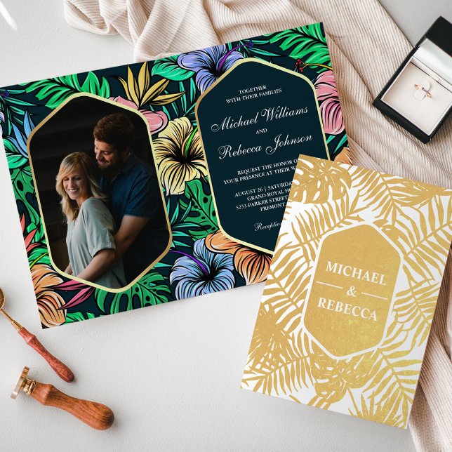 Invitación de boda tropical con hoja de oro azul d (Subido por el creador)