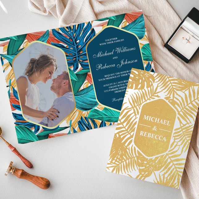 Invitación de boda tropical con hoja de oro azul m (Subido por el creador)