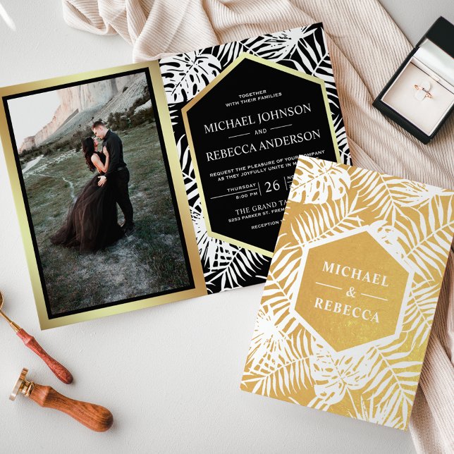Invitación de boda tropical con lámina de oro y ne (Subido por el creador)