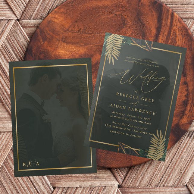 Invitación de boda tropical con oro y verde oscuro (Subido por el creador)