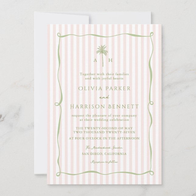 Invitación de boda tropical con palma de raya rosa (Anverso)