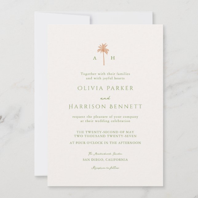 Invitación de boda tropical con palmera (Anverso)