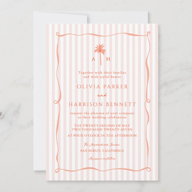 Invitación de boda tropical con palmera rosa meloc (Anverso)