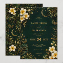 Invitación de boda tropical de Bali en oro esmeral