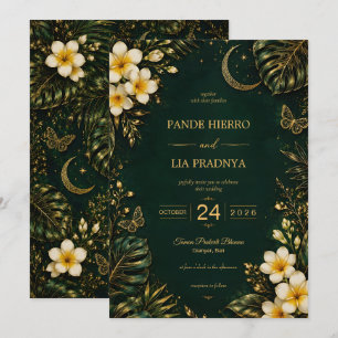 Invitación de boda tropical de Bali en oro esmeral