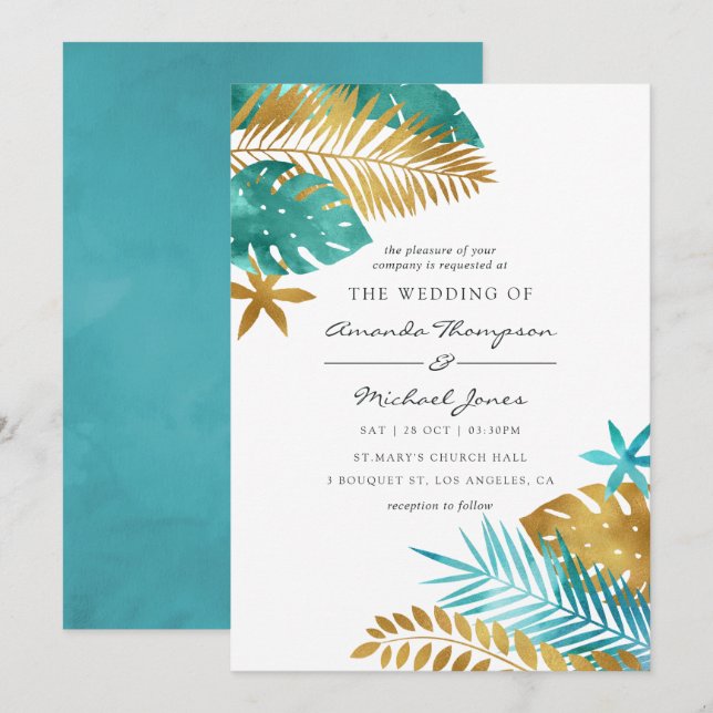 Invitación de boda tropical de color turquesa y do (Anverso / Reverso)
