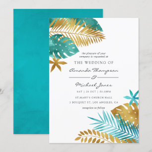 Invitación de boda tropical de color turquesa y do