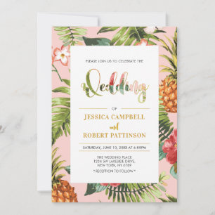 Invitación de boda tropical de verano Rosa y Dorad