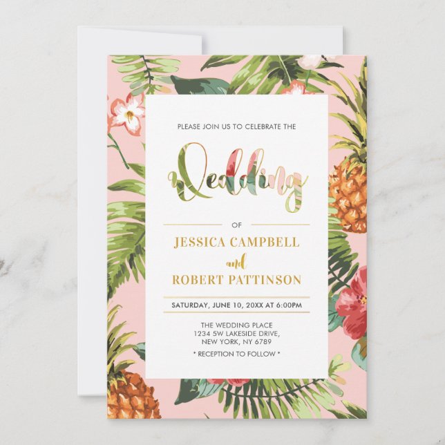 Invitación de boda tropical de verano Rosa y Dorad (Anverso)
