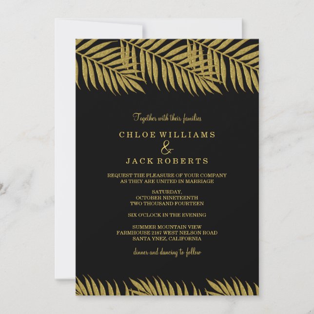 Invitación de boda tropical elegante con palma de  (Anverso)