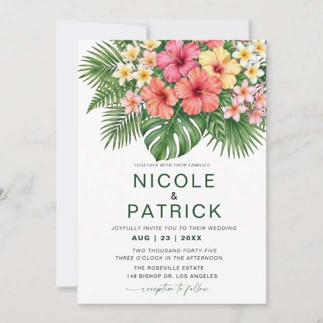 Invitación de Boda Tropical Floral de Hibisco (Anverso)
