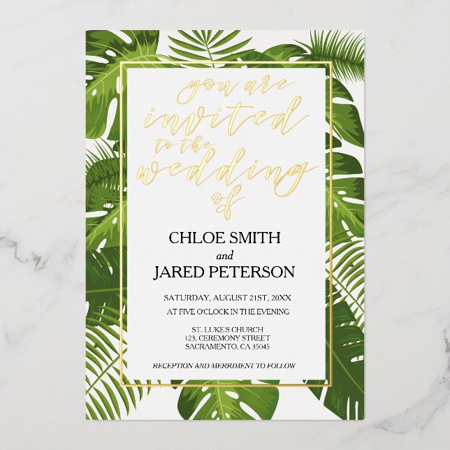 Invitación de Boda Tropical Gold Classy (Anverso)