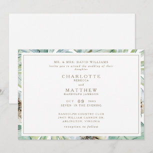 Invitación de Boda Tropical Horizontal Dorada Blan