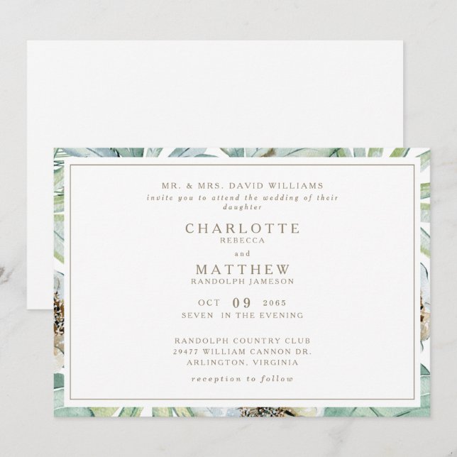 Invitación de Boda Tropical Horizontal Dorada Blan (Anverso / Reverso)