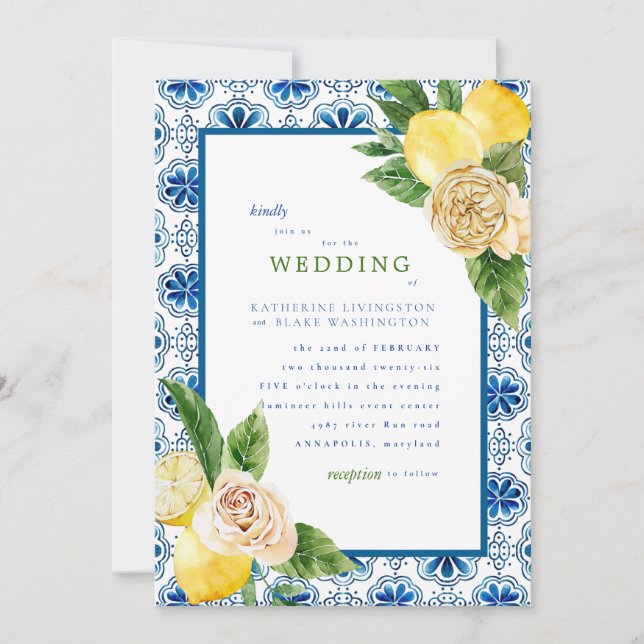 Invitación de Boda Tropical Mediterránea Azul y Li (Anverso)