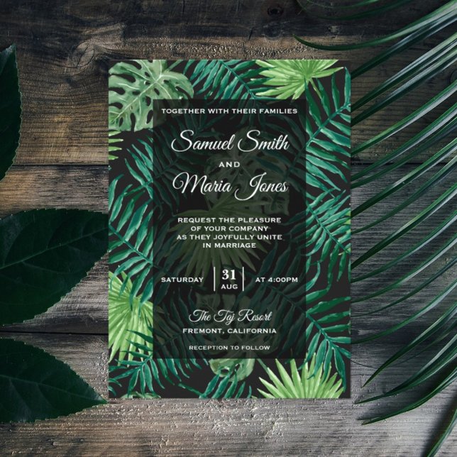 Invitación de Boda Tropical Moderna con Hojas de P (Subido por el creador)