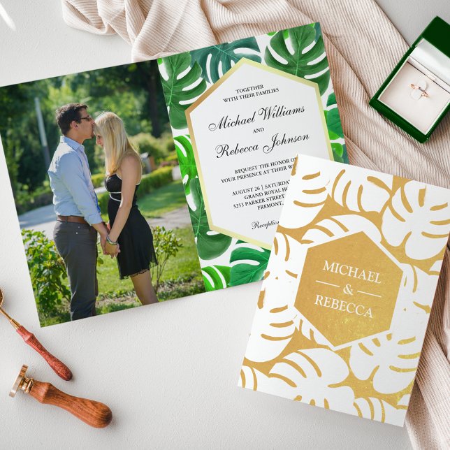 Invitación de boda tropical Monstera con hoja de o (Subido por el creador)