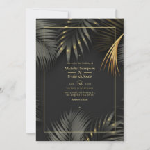 Invitación de boda tropical negra y dorada