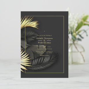 Invitación de boda tropical negra y dorada