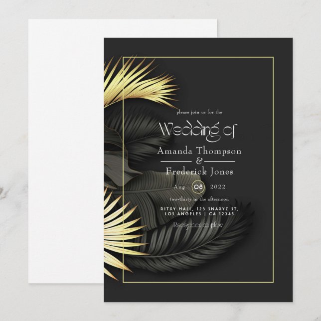 Invitación de boda tropical negra y dorada (Anverso / Reverso)