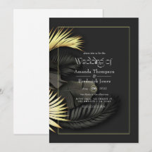 Invitación de boda tropical negra y dorada