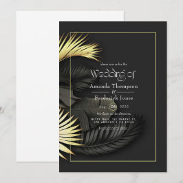 Invitación de boda tropical negra y dorada