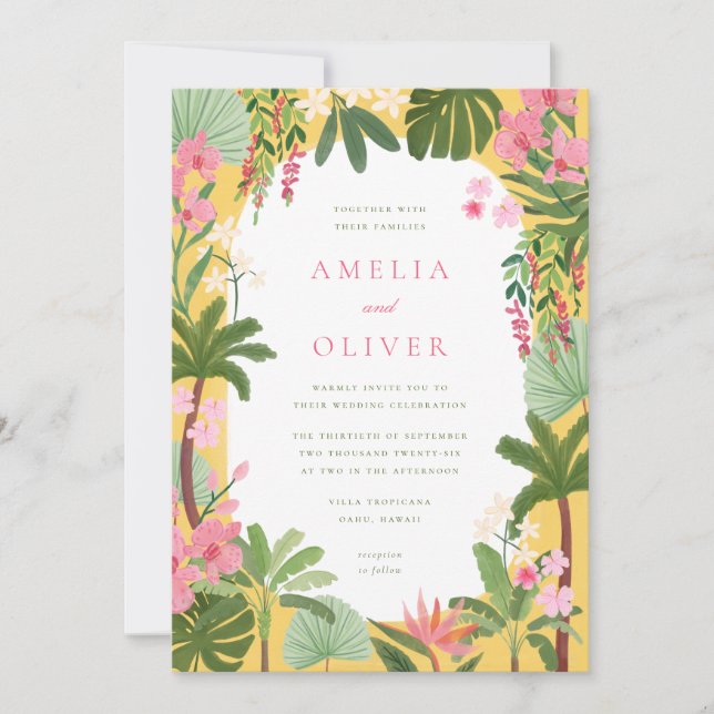 Invitación de boda tropical pintada (Anverso)