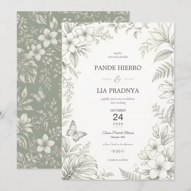 Invitación de boda tropical Plumeria de Bali (Anverso / Reverso)