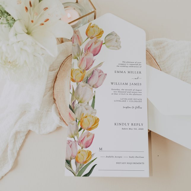 Invitación de Boda Tulipán Todo en Uno (Watercolor Tulip All in One Wedding Invite by Painted Paperie
)